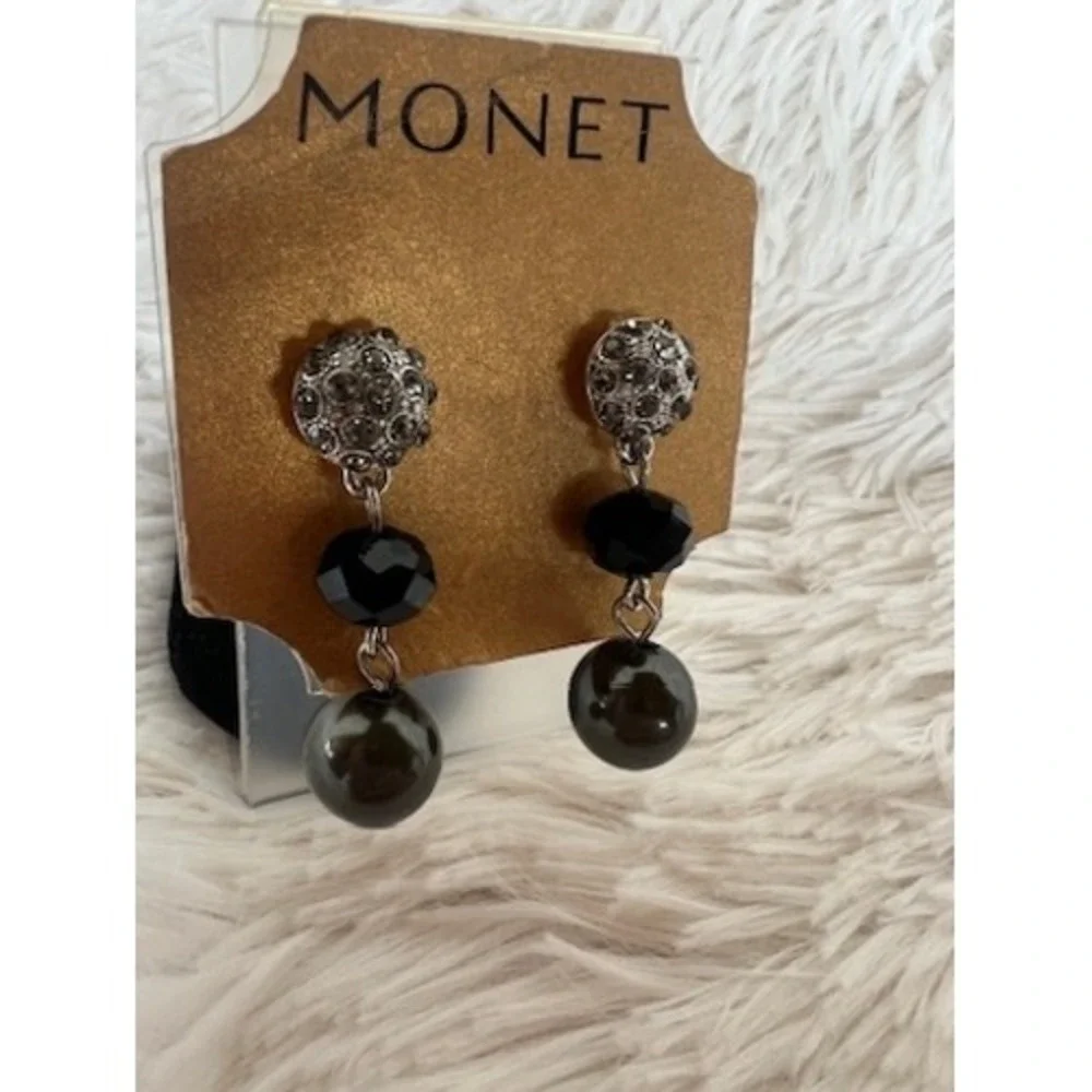 Monet Drop Earrings Black Silver Rhinestone Dangle Crystal Pearl Art Deco Glam